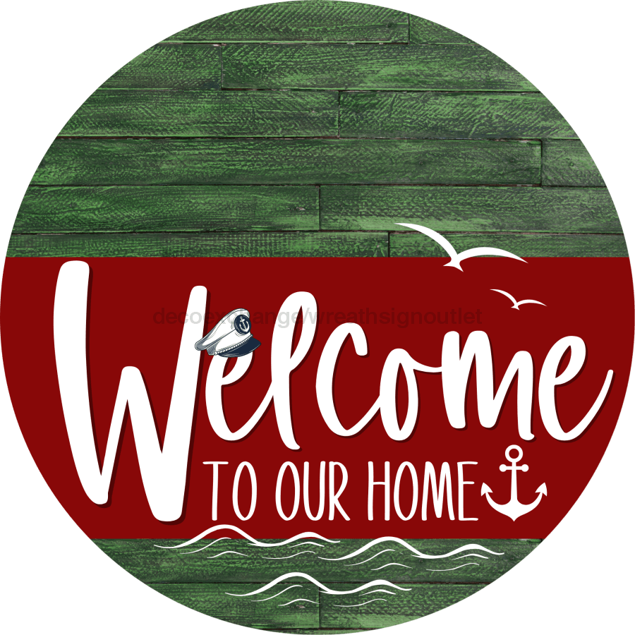 Welcome To Our Home Sign Nautical Dark Red Stripe Green Stain Decoe-3167-Dh 18 Wood Round