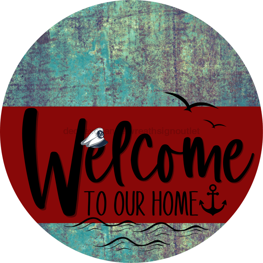Welcome To Our Home Sign Nautical Dark Red Stripe Petina Look Decoe-3153-Dh 18 Wood Round
