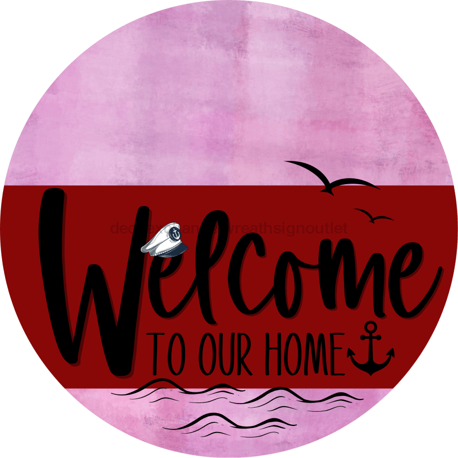 Welcome To Our Home Sign Nautical Dark Red Stripe Pink Stain Decoe-3154-Dh 18 Wood Round