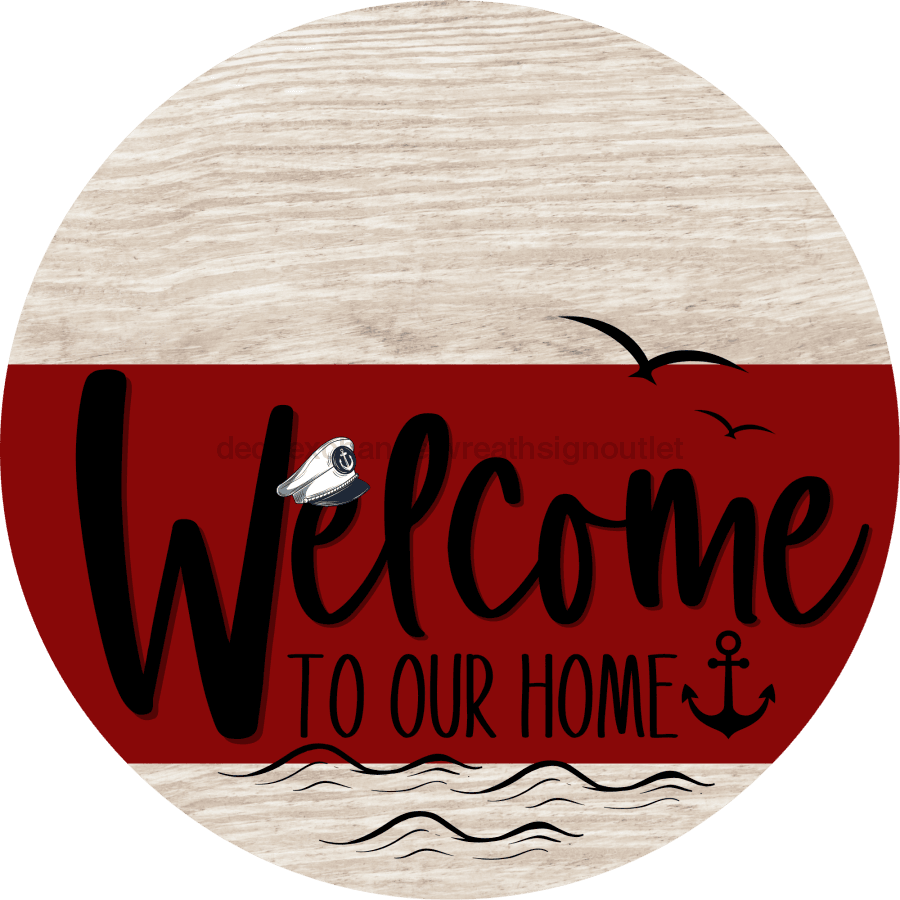 Welcome To Our Home Sign Nautical Dark Red Stripe White Wash Decoe-3155-Dh 18 Wood Round