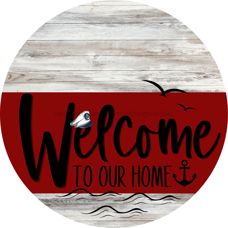 Welcome To Our Home Sign Nautical Dark Red Stripe White Wash Decoe-3156-Dh 18 Wood Round