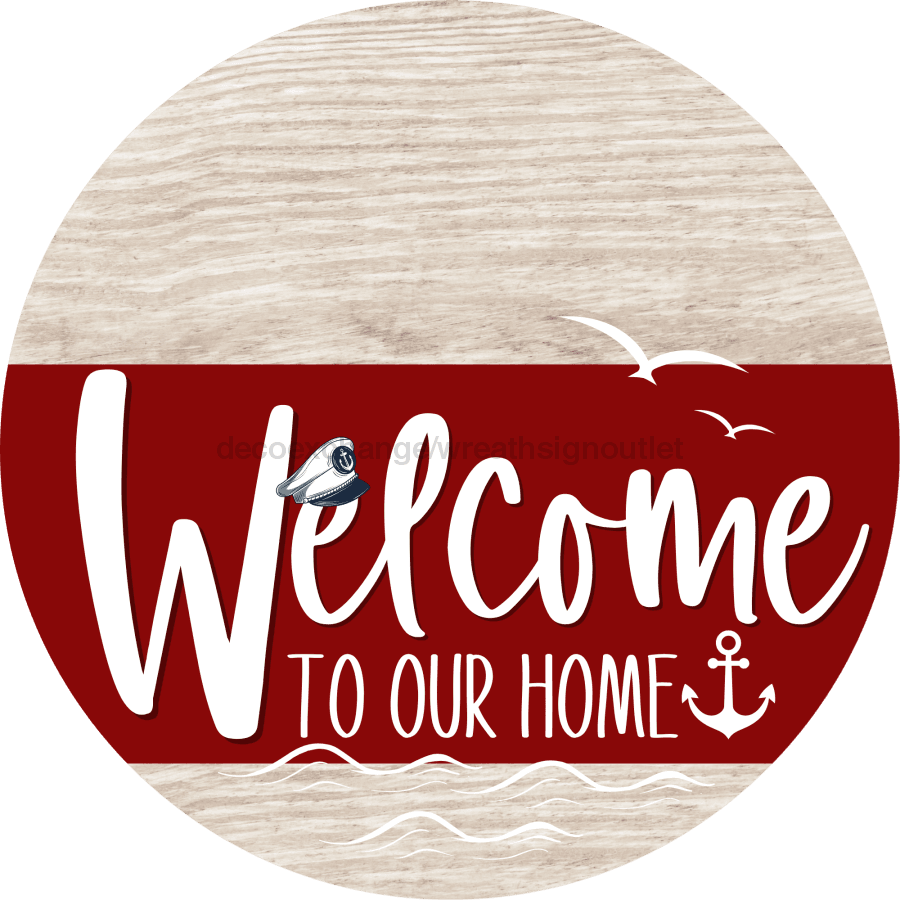 Welcome To Our Home Sign Nautical Dark Red Stripe White Wash Decoe-3165-Dh 18 Wood Round