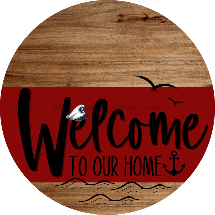 Welcome To Our Home Sign Nautical Dark Red Stripe Wood Grain Decoe-3148-Dh 18 Round