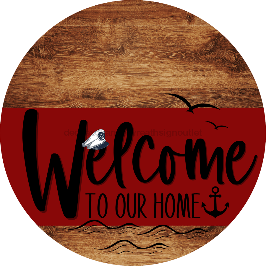 Welcome To Our Home Sign Nautical Dark Red Stripe Wood Grain Decoe-3149-Dh 18 Round