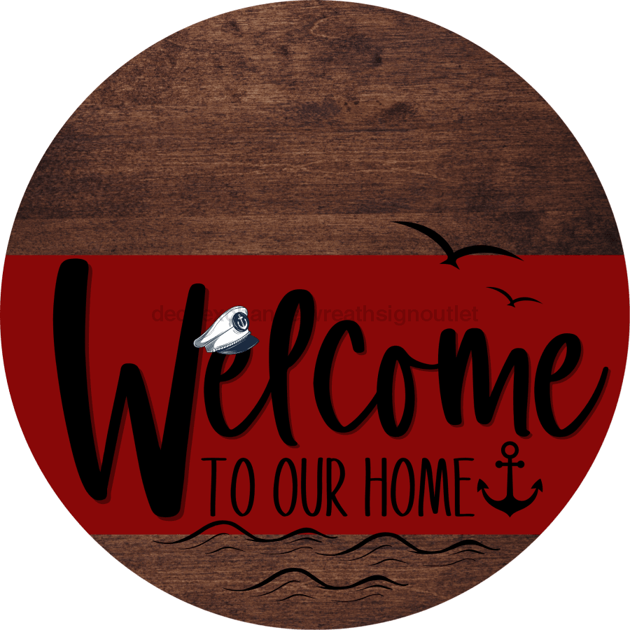 Welcome To Our Home Sign Nautical Dark Red Stripe Wood Grain Decoe-3150-Dh 18 Round