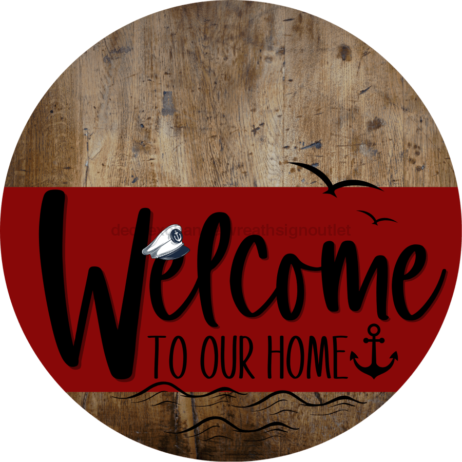 Welcome To Our Home Sign Nautical Dark Red Stripe Wood Grain Decoe-3151-Dh 18 Round