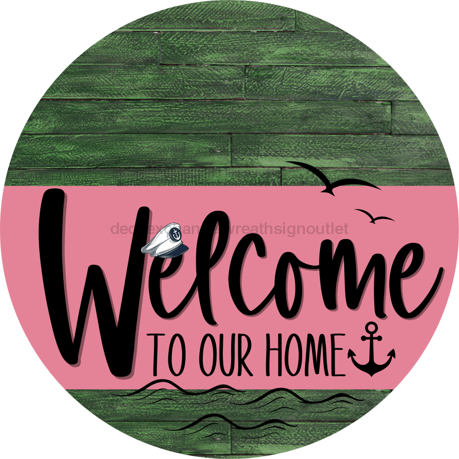 Welcome To Our Home Sign Nautical Pink Stripe Green Stain Decoe-3177-Dh 18 Wood Round