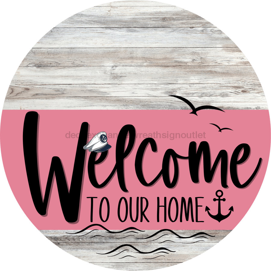 Welcome To Our Home Sign Nautical Pink Stripe White Wash Decoe-3176-Dh 18 Wood Round