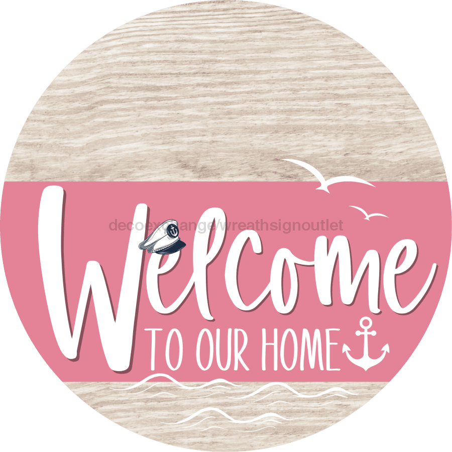 Welcome To Our Home Sign Nautical Pink Stripe White Wash Decoe-3185-Dh 18 Wood Round