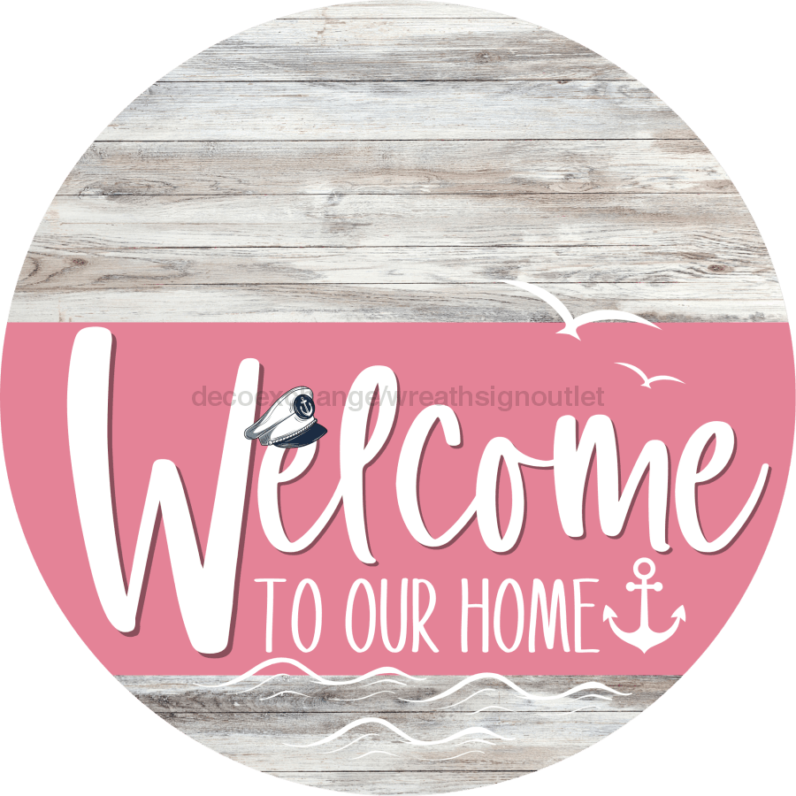 Welcome To Our Home Sign Nautical Pink Stripe White Wash Decoe-3186-Dh 18 Wood Round