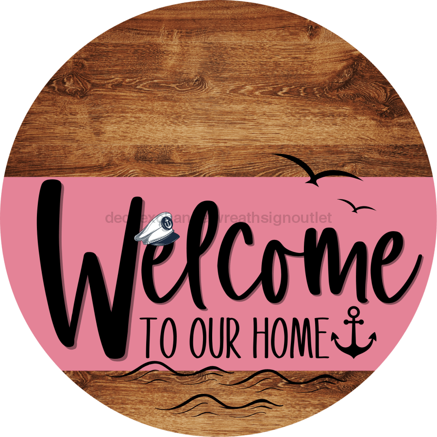 Welcome To Our Home Sign Nautical Pink Stripe Wood Grain Decoe-3169-Dh 18 Round