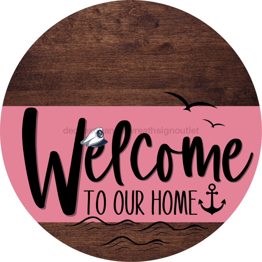 Welcome To Our Home Sign Nautical Pink Stripe Wood Grain Decoe-3170-Dh 18 Round
