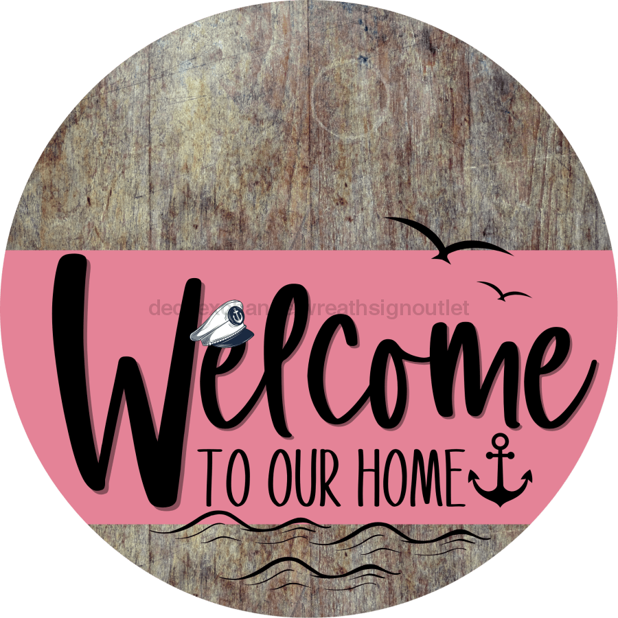 Welcome To Our Home Sign Nautical Pink Stripe Wood Grain Decoe-3172-Dh 18 Round