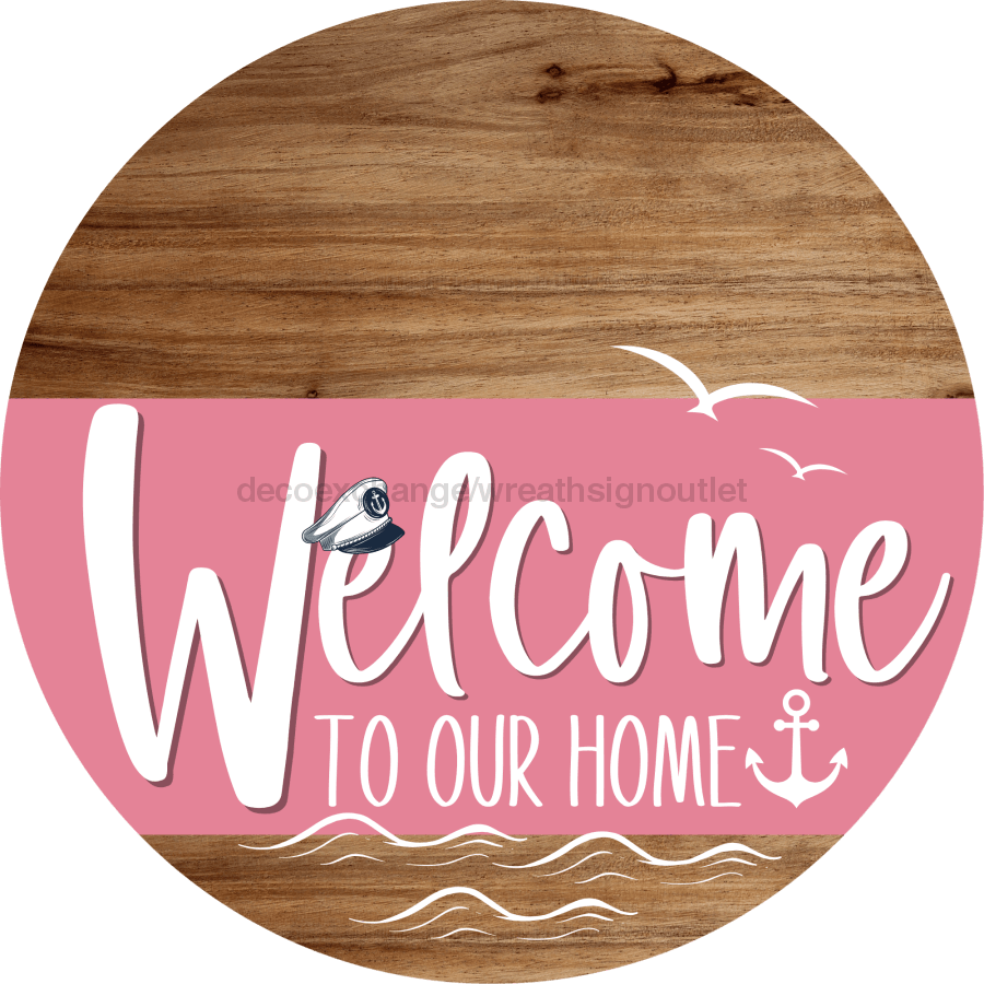 Welcome To Our Home Sign Nautical Pink Stripe Wood Grain Decoe-3178-Dh 18 Round