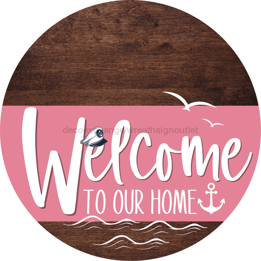 Welcome To Our Home Sign Nautical Pink Stripe Wood Grain Decoe-3180-Dh 18 Round