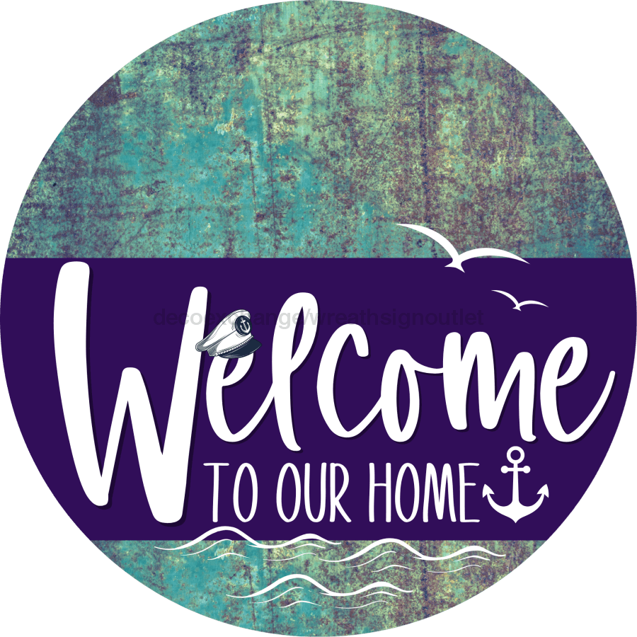 Welcome To Our Home Sign Nautical Purple Stripe Petina Look Decoe-3203-Dh 18 Wood Round