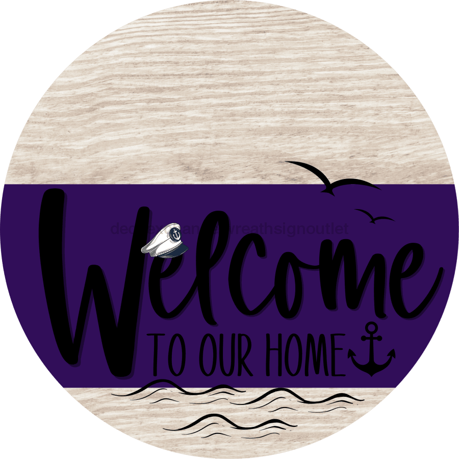Welcome To Our Home Sign Nautical Purple Stripe White Wash Decoe-3195-Dh 18 Wood Round
