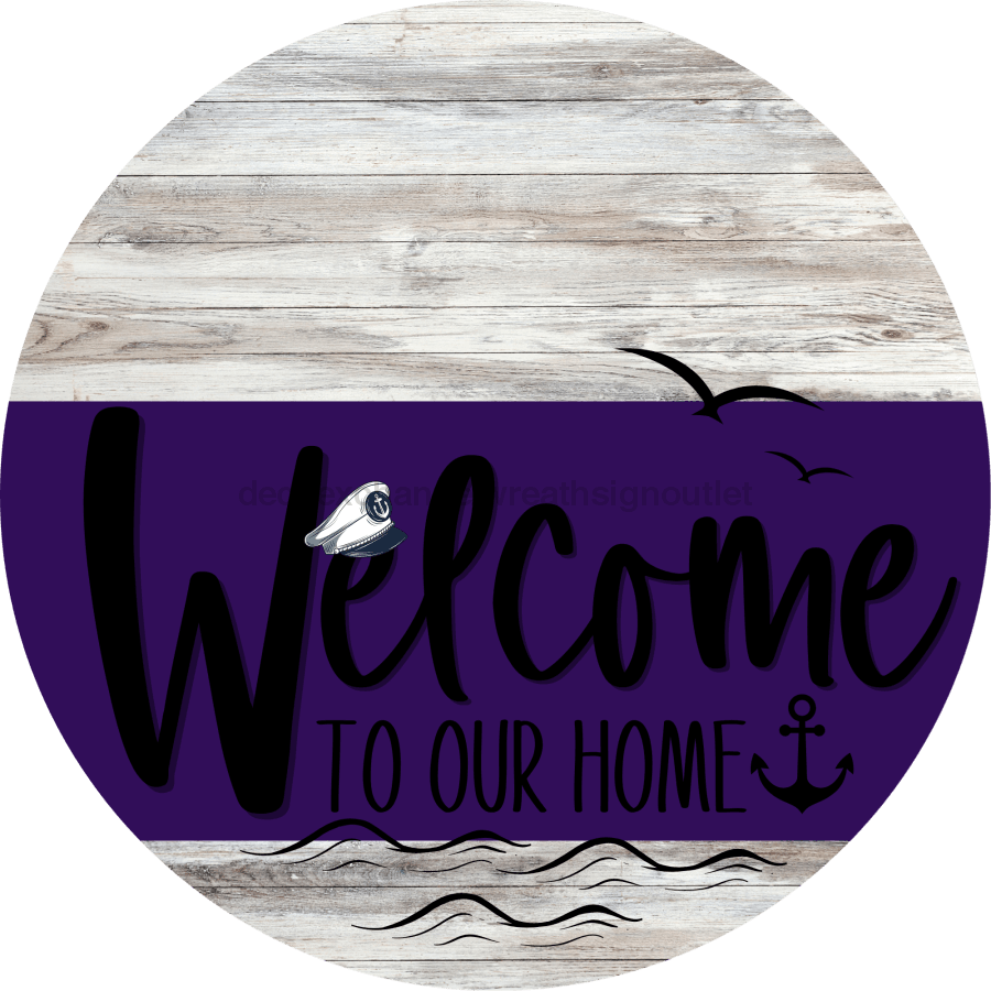 Welcome To Our Home Sign Nautical Purple Stripe White Wash Decoe-3196-Dh 18 Wood Round