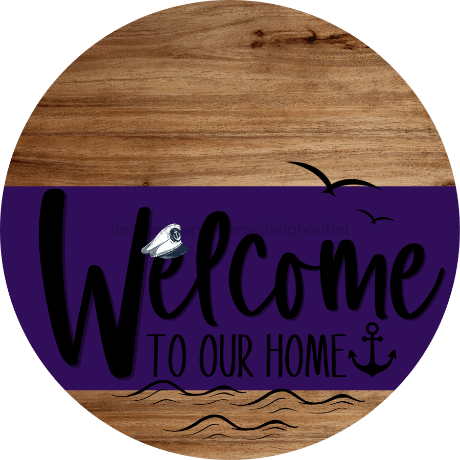 Welcome To Our Home Sign Nautical Purple Stripe Wood Grain Decoe-3188-Dh 18 Round