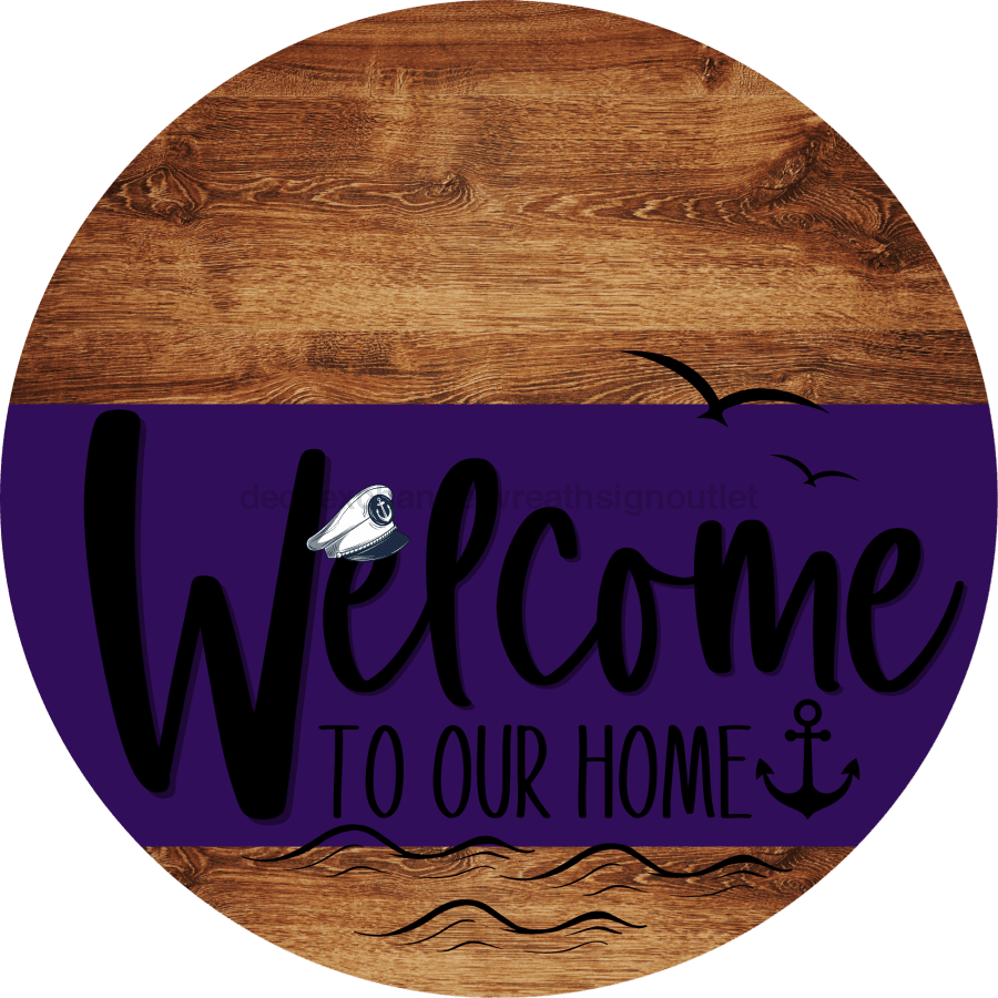 Welcome To Our Home Sign Nautical Purple Stripe Wood Grain Decoe-3189-Dh 18 Round
