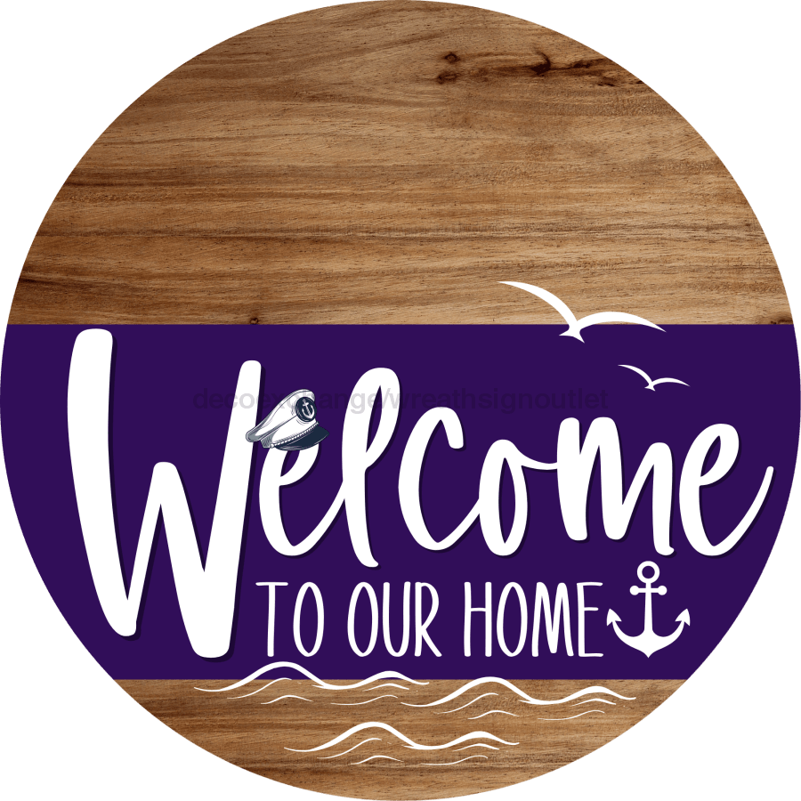 Welcome To Our Home Sign Nautical Purple Stripe Wood Grain Decoe-3198-Dh 18 Round