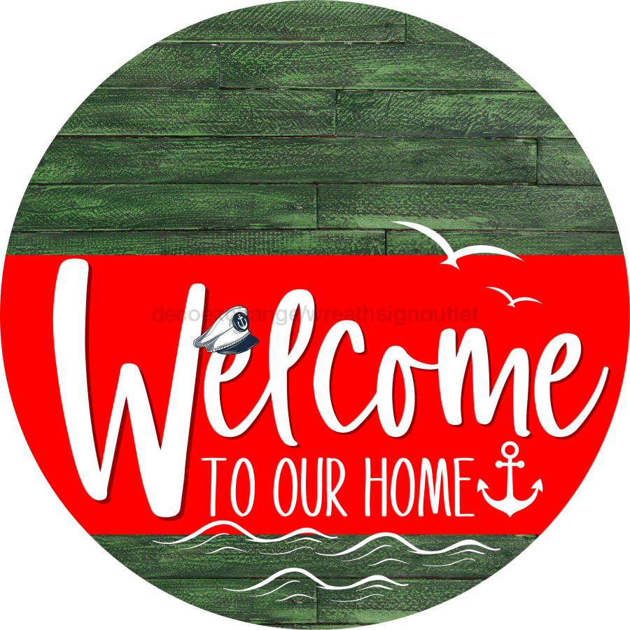 Welcome To Our Home Sign Nautical Red Stripe Green Stain Decoe-3147-Dh 18 Wood Round