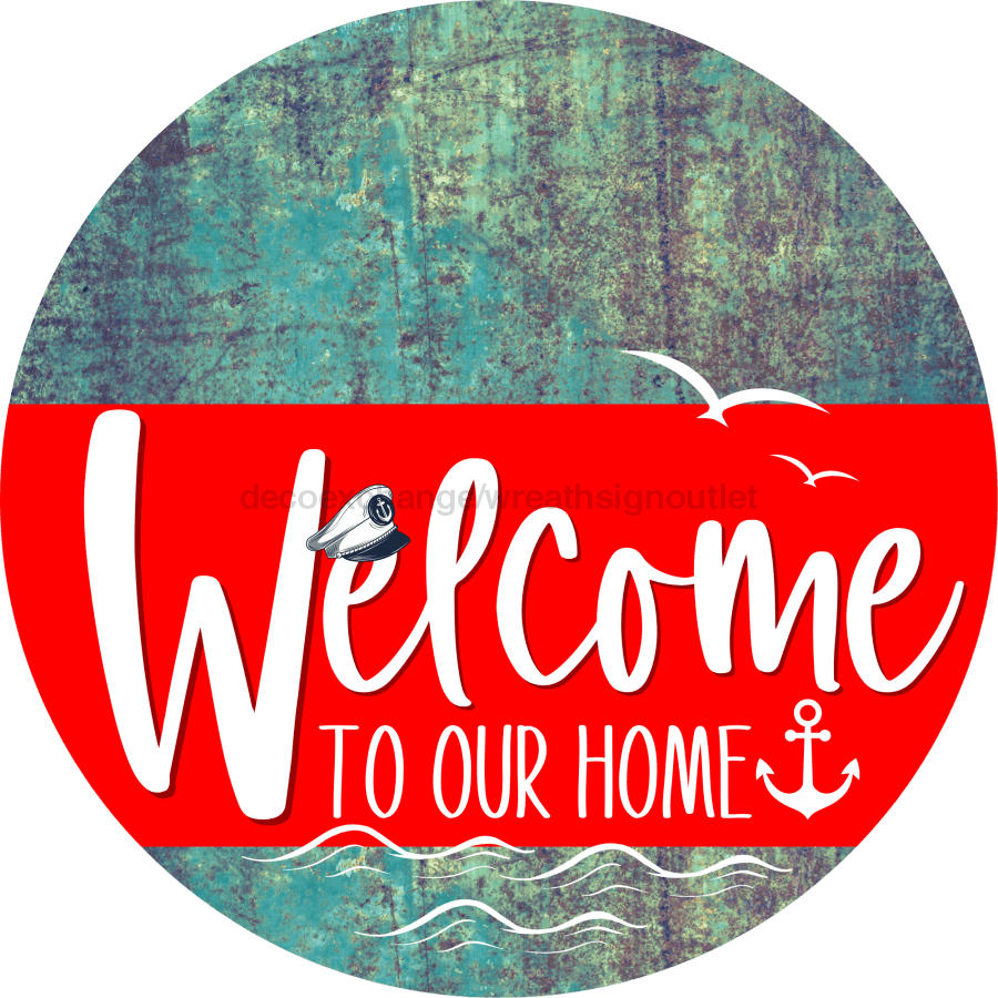 Welcome To Our Home Sign Nautical Red Stripe Petina Look Decoe-3143-Dh 18 Wood Round