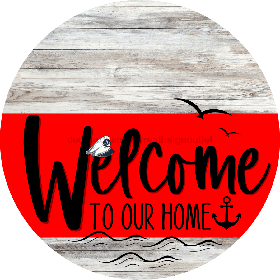 Welcome To Our Home Sign Nautical Red Stripe White Wash Decoe-3136-Dh 18 Wood Round