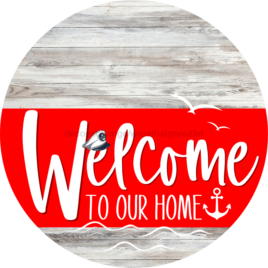 Welcome To Our Home Sign Nautical Red Stripe White Wash Decoe-3146-Dh 18 Wood Round
