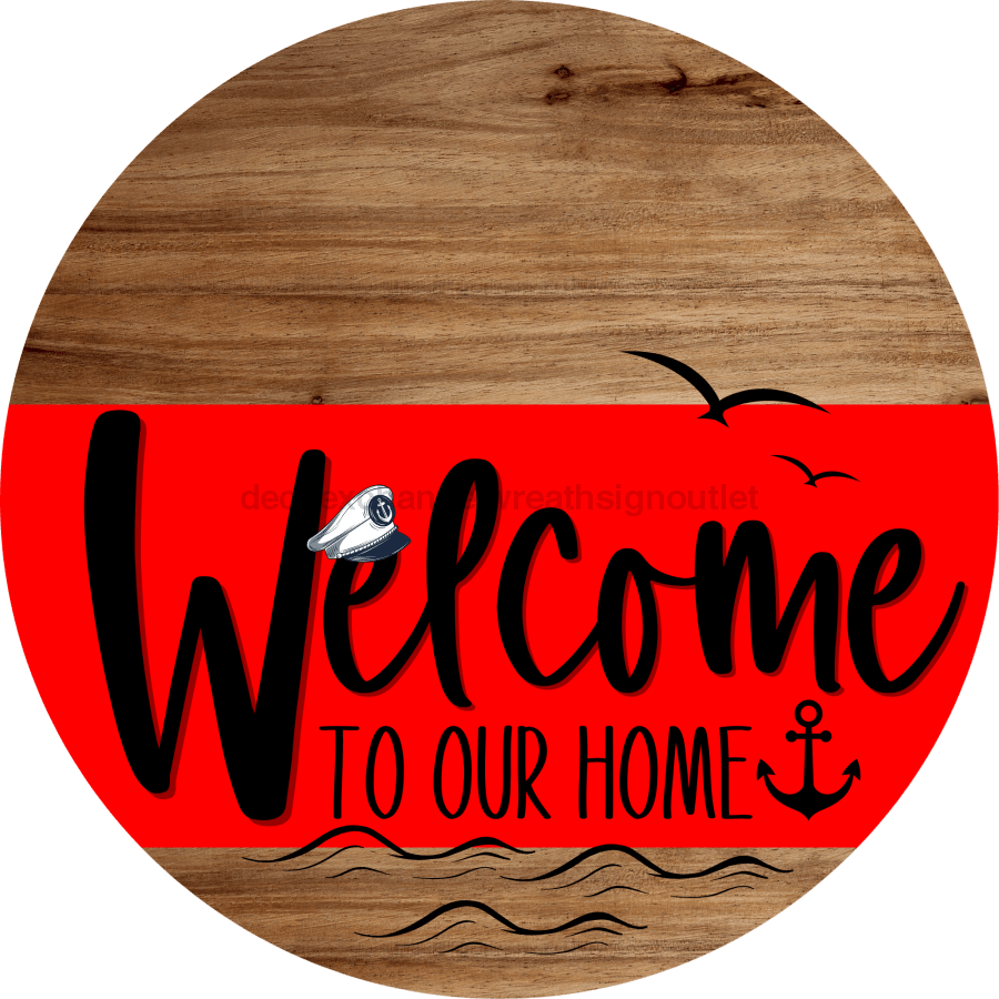 Welcome To Our Home Sign Nautical Red Stripe Wood Grain Decoe-3128-Dh 18 Round