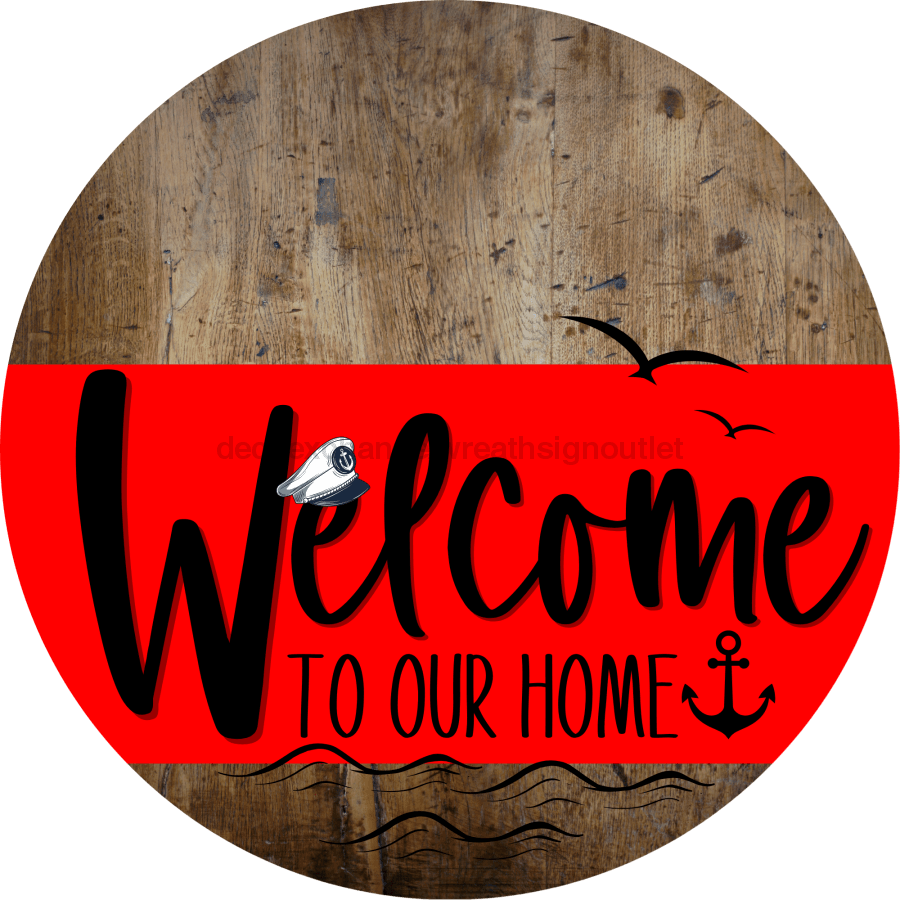 Welcome To Our Home Sign Nautical Red Stripe Wood Grain Decoe-3131-Dh 18 Round