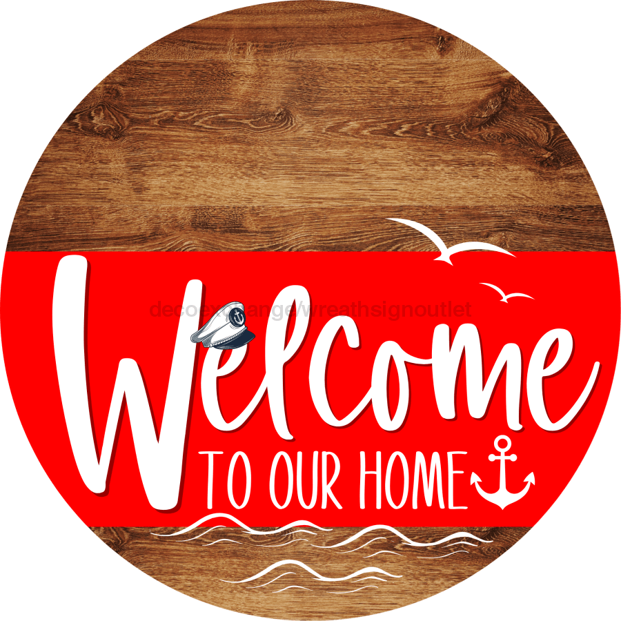 Welcome To Our Home Sign Nautical Red Stripe Wood Grain Decoe-3139-Dh 18 Round
