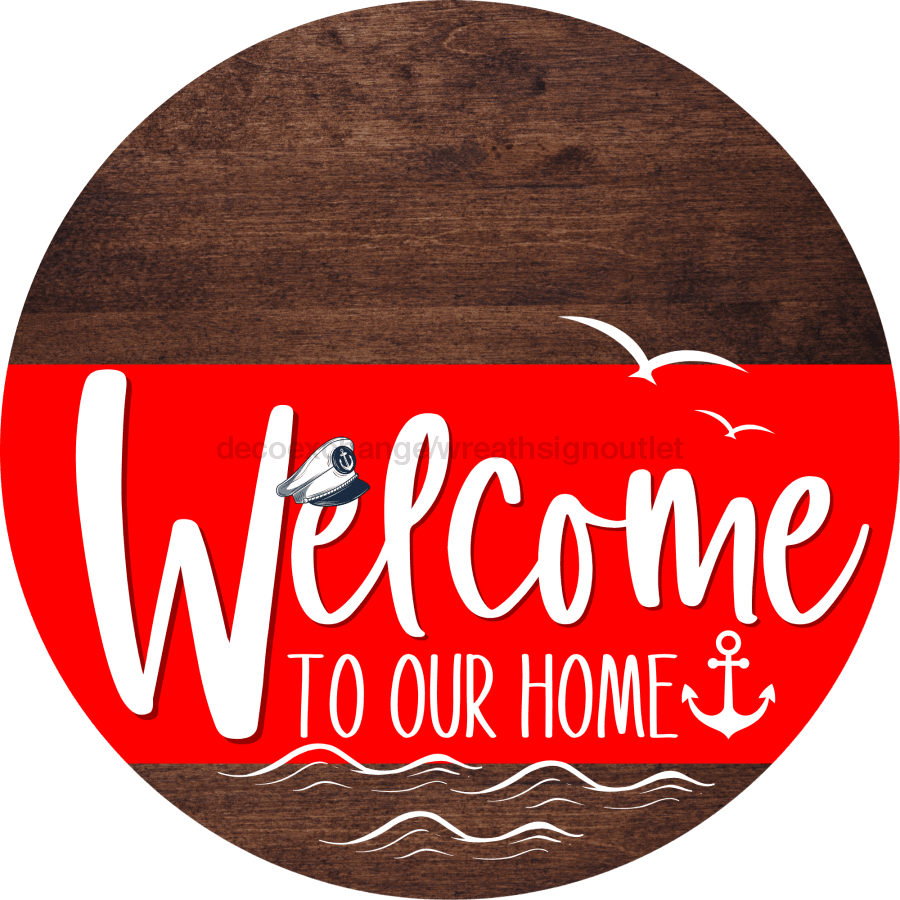 Welcome To Our Home Sign Nautical Red Stripe Wood Grain Decoe-3140-Dh 18 Round