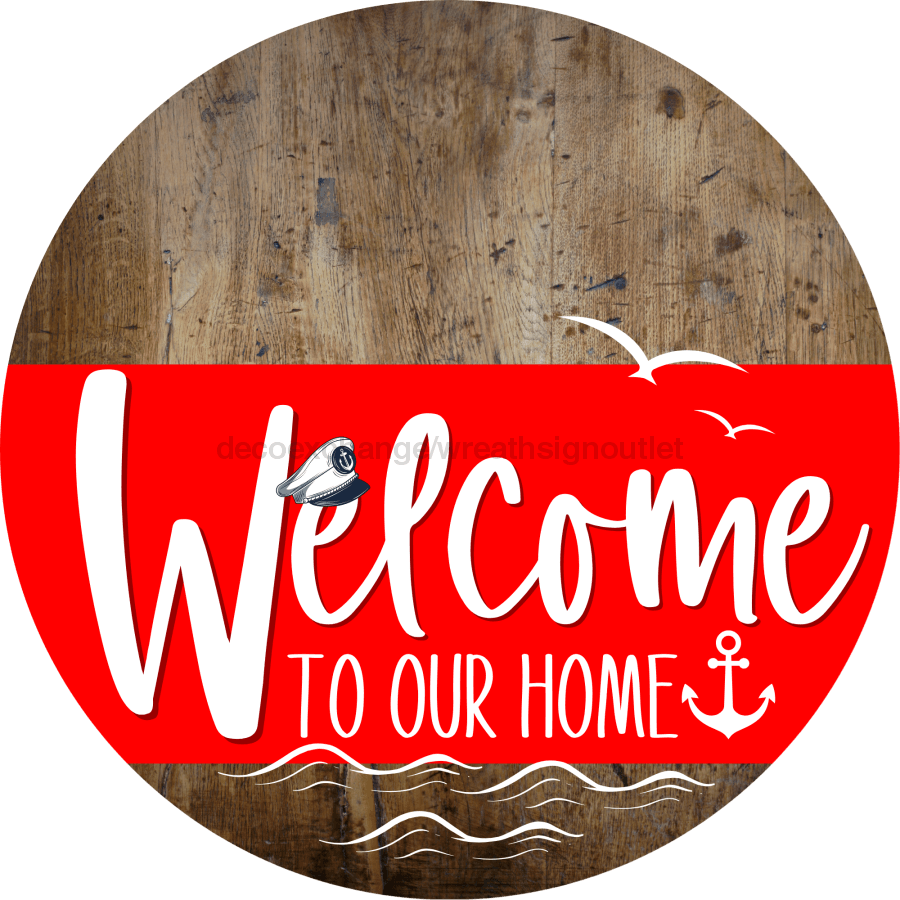 Welcome To Our Home Sign Nautical Red Stripe Wood Grain Decoe-3141-Dh 18 Round