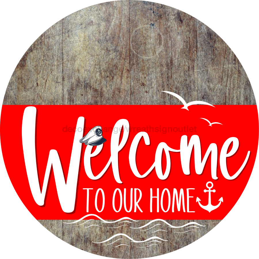 Welcome To Our Home Sign Nautical Red Stripe Wood Grain Decoe-3142-Dh 18 Round