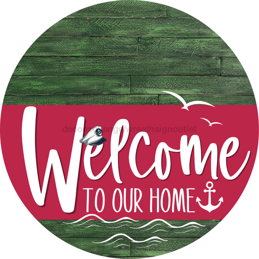 Welcome To Our Home Sign Nautical Viva Magenta Stripe Green Stain Decoe-3227-Dh 18 Wood Round