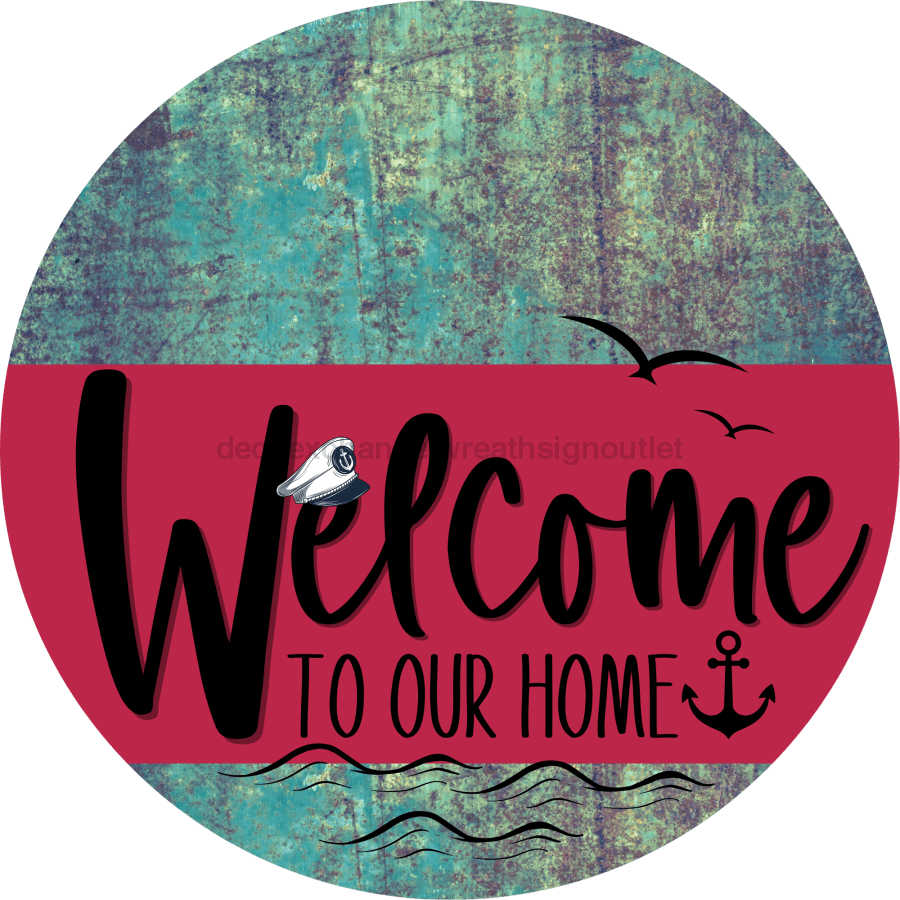 Welcome To Our Home Sign Nautical Viva Magenta Stripe Petina Look Decoe-3213-Dh 18 Wood Round