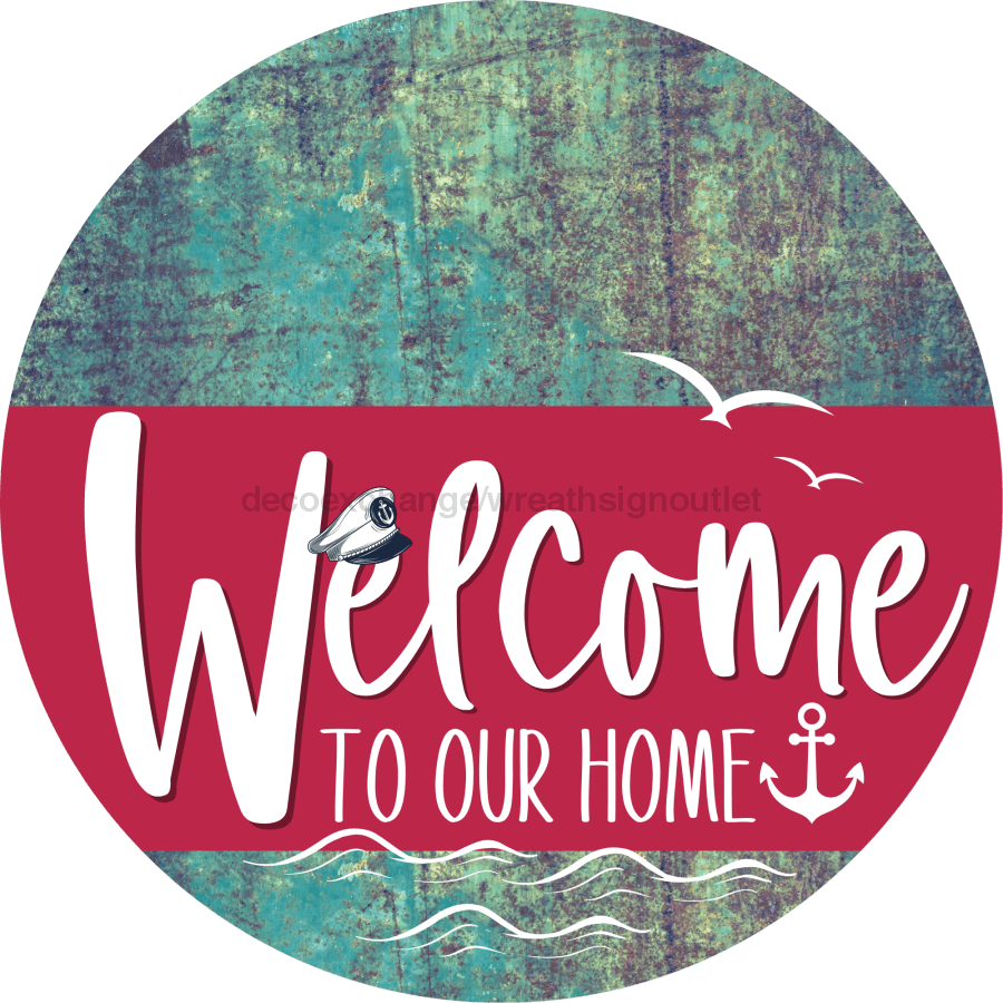 Welcome To Our Home Sign Nautical Viva Magenta Stripe Petina Look Decoe-3223-Dh 18 Wood Round