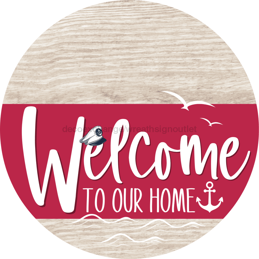 Welcome To Our Home Sign Nautical Viva Magenta Stripe White Wash Decoe-3225-Dh 18 Wood Round