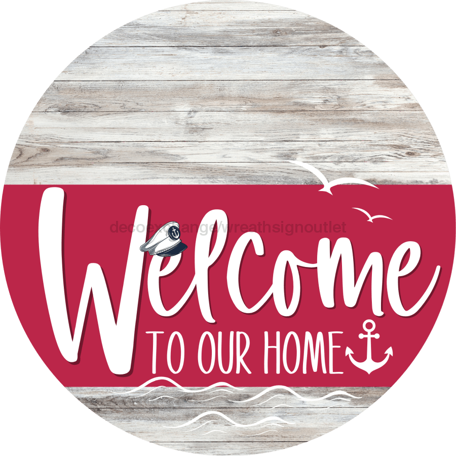 Welcome To Our Home Sign Nautical Viva Magenta Stripe White Wash Decoe-3226-Dh 18 Wood Round