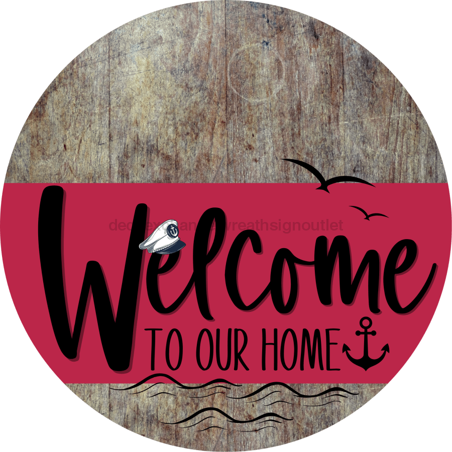 Welcome To Our Home Sign Nautical Viva Magenta Stripe Wood Grain Decoe-3212-Dh 18 Round