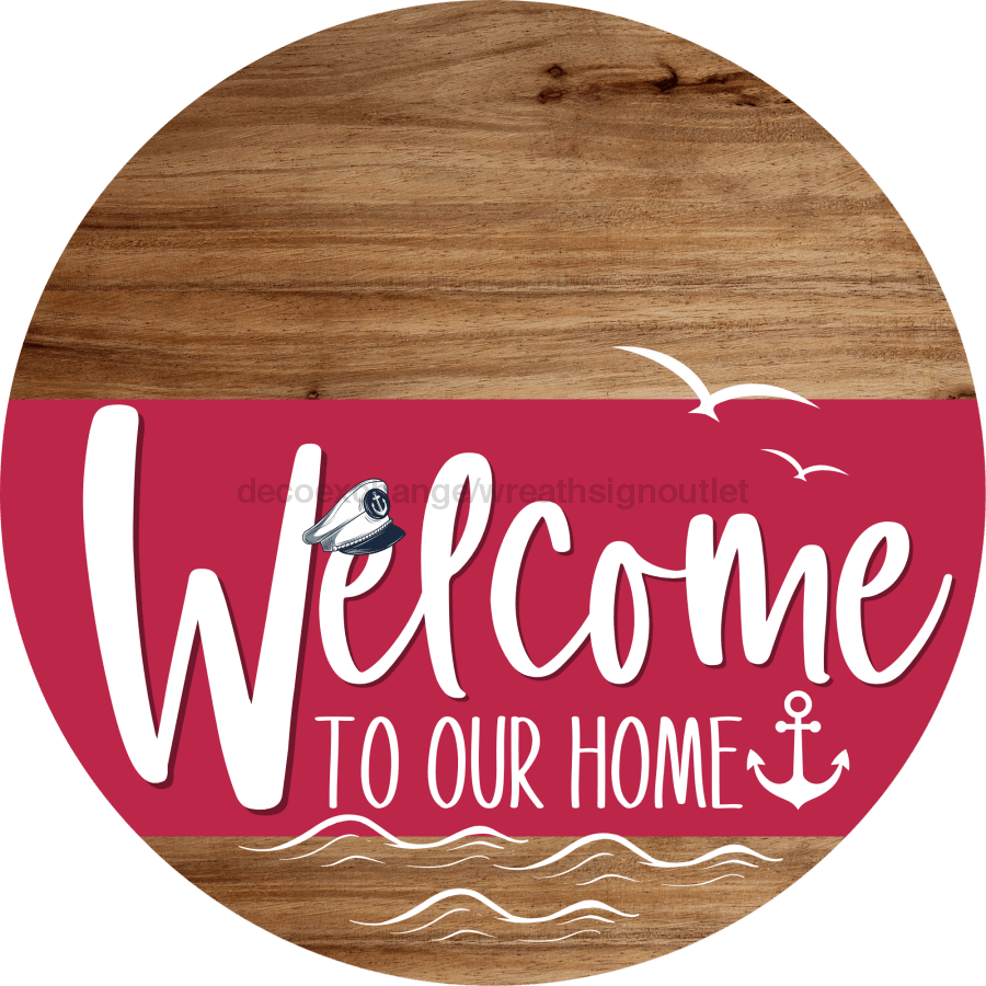 Welcome To Our Home Sign Nautical Viva Magenta Stripe Wood Grain Decoe-3218-Dh 18 Round
