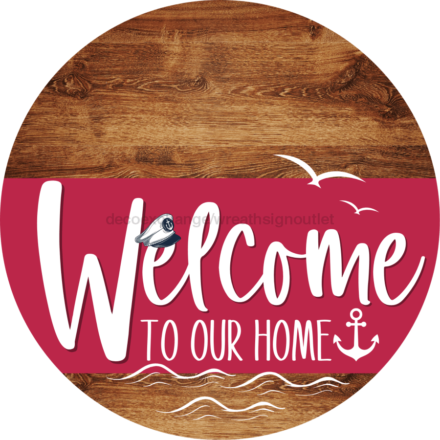Welcome To Our Home Sign Nautical Viva Magenta Stripe Wood Grain Decoe-3219-Dh 18 Round
