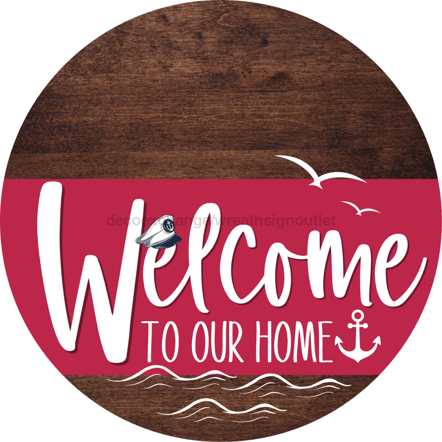 Welcome To Our Home Sign Nautical Viva Magenta Stripe Wood Grain Decoe-3220-Dh 18 Round