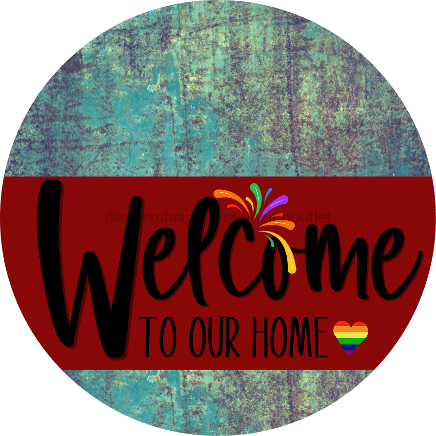 Welcome To Our Home Sign Pride Dark Red Stripe Petina Look Decoe-3914-Dh 18 Wood Round