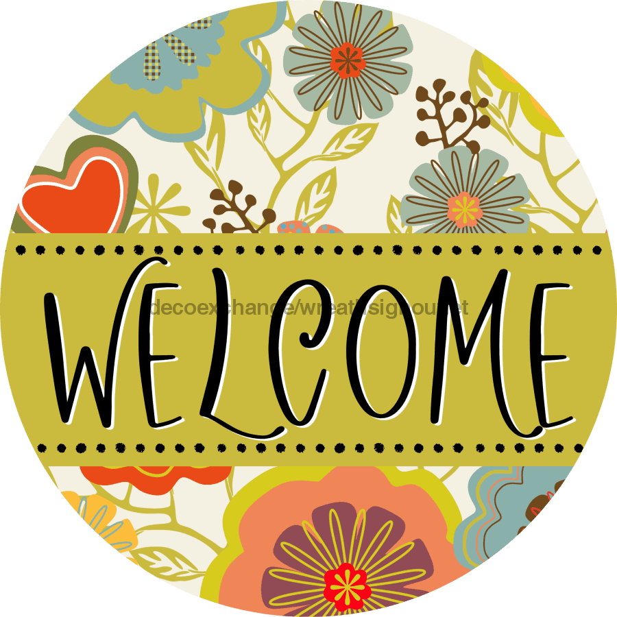 Welcome Wreath Sign, Spring Floral Wreath, DECOE-4121, 10 metal Round