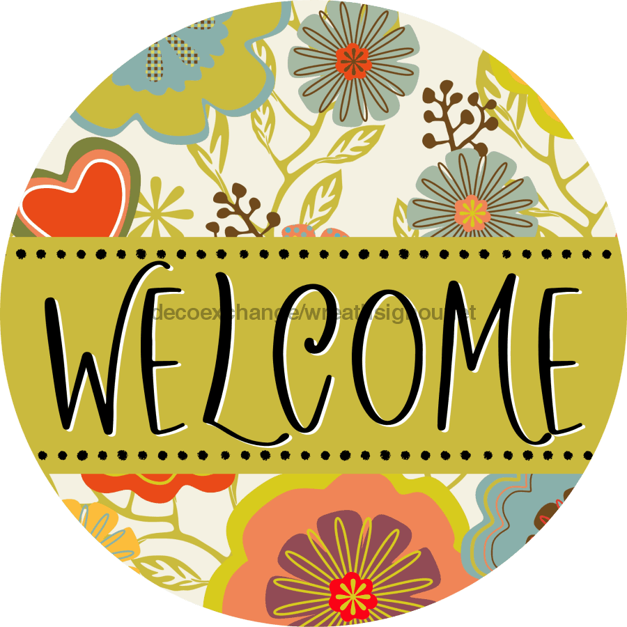 Welcome Wreath Sign, Spring Floral Wreath, DECOE-4121, 10 vinyl Round