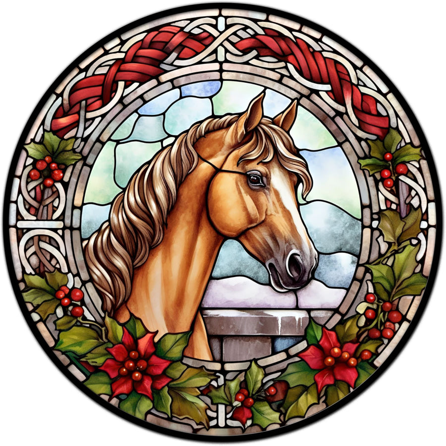 Winter Christmas Horse Stained Glass 10" Metal Wreath Sign - DECOE-4774