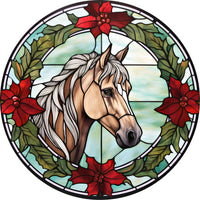 Thumbnail for Winter Christmas Horse Stained Glass 10" Metal Wreath Sign - DECOE-4775