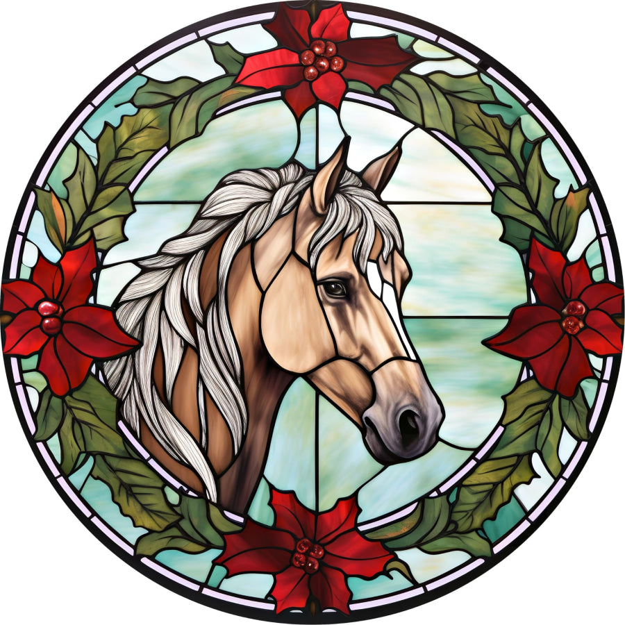 Winter Christmas Horse Stained Glass 10" Metal Wreath Sign - DECOE-4775